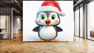 Kawaii cute penguin in Santa hat at Christmas Wall mural