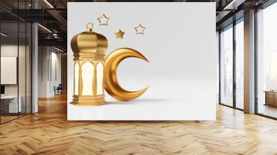 Eid al-Adha, the Feast of Sacrifice Muslim religious holiday. Islamic festival End of Ramadan Gold candle lantern glowing light crescent stars white background 3d rendering greeting banner copy space. Wall mural