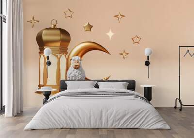 Eid al-Adha products podium Feast of Sacrifice Muslim religious holiday Islamic festival Ramadan End. Candle lantern glowing light sheep sacrifice crescent stars beige background 3d rendering banner. Wall mural