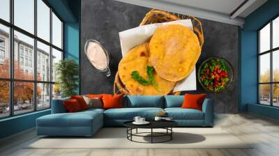 Homemade corn flatbread yogurt sauce cilantro greens tomato salsa. Handmade Tortilla Taco Quesadilla vegetable.Traditional mexican bread top view. Gluten free maize flour dough authentic cuisine snack Wall mural