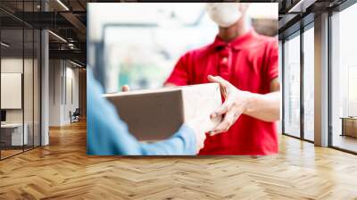 Asian postman, deliveryman wearing mask carry small box deliver to customer in front of door at home. Man wearing mask prevent covid19, corana virus affection outbreak. Home delivery shopping concept. Wall mural