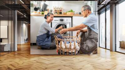 Asian senior couple doing house working and chores in kitchen at home.  Wall mural