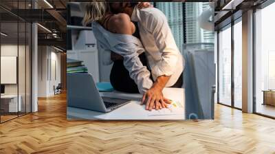 Caucasian businessman and woman foreplay and making love in the office.  Wall mural