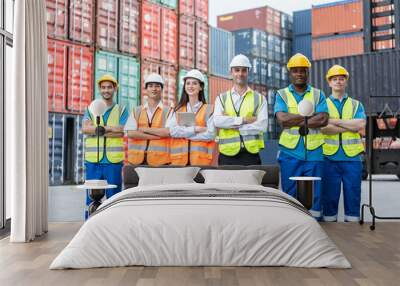 portrait group of male and female worker working in container terminal Wall mural