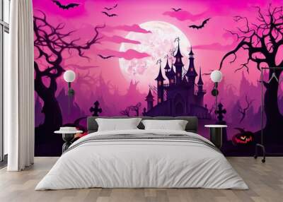  halloween scene horror background with creepy pumpkins of spooky halloween haunted mansion Evil houseat night with full moon |  Generative AI Wall mural