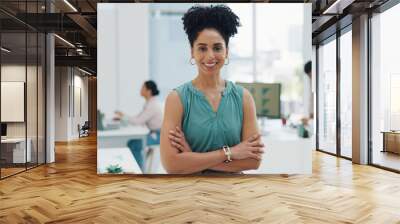 Black woman, smile and corporate portrait for business success, leadership motivation and confident ceo management in office. African woman, proud leader and happy for manager achievement or vision Wall mural