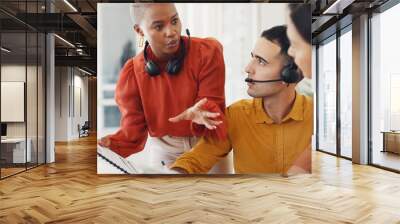 Documents, woman or call center team training with sales consultants for customer support. Diversity, teamwork or leader teaching in conversation for telecom or crm management, coaching or education Wall mural