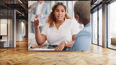 Paperwork, discussion and business women in the office analyzing company review, proposal or report. Documents, professional and female corporate employees in conversation working on project together Wall mural