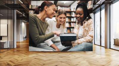 Student, friends and book in school library for education, learning or knowledge together at university. Students smile for book club, books or information for research assignment or group project Wall mural