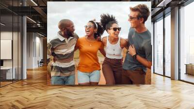 Happy, diversity and friends on a safari holiday or vacation trip outdoors in Australia as a young group. Funny women, memory and excited people enjoy laughing, adventure and nature with freedom Wall mural