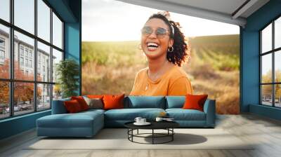 Happy, farm and black woman on holiday in the countryside of Colombia for adventure, peace and calm in summer. Face portrait of African girl with smile for travel vacation in agriculture and nature Wall mural