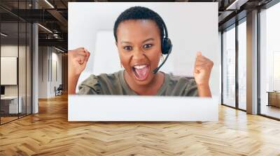 Im on a roll today. Shot of a businesswoman looking cheerful while working in a call centre. Wall mural