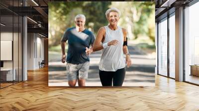 Retirement, couple and running fitness health for body and heart wellness with natural ageing. Married, mature and senior people enjoy nature run together for cardiovascular vitality workout. Wall mural