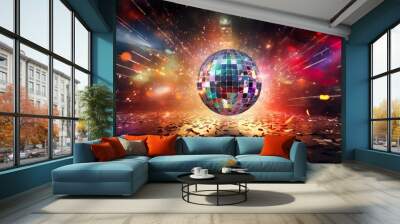 Disco ball scatters colorful light in a dark room | Generative AI Wall mural