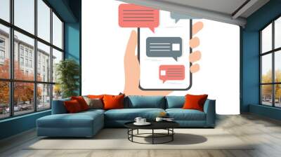 Human hand holding mobile phone. Sending and receiving messages. Online chat. Colored flat illustration. Isolated on white background. Wall mural