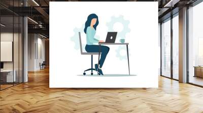 Office work concept. Colored flat illustration of home workplace. A woman with a laptop works sitting behind a desk. Wall mural