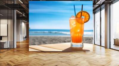 Refreshing orange cocktail on beach table | Generative AI Wall mural