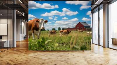 summer cows in field countryside with red barn  | Generative AI Wall mural