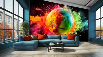 Tennis ball in explosion of colored neon powder isolated on black background | Generative AI Wall mural