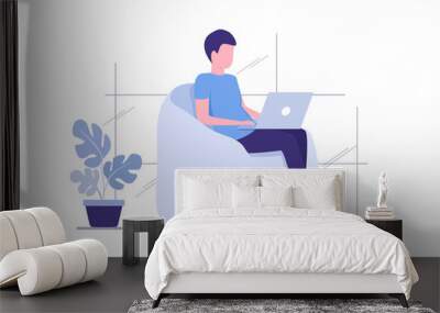 Work and study at home. Colored flat illustration. A person with a laptop. Isolated on white background.  Wall mural