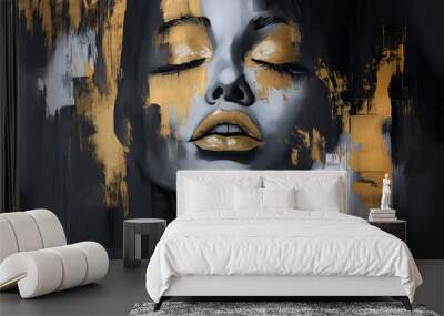 Abstract Acrylic Painting Portrait of a Beautiful Woman in Black and White With Gold Accents, Visible Paint Texture and Strong Brush Strokes	
 Wall mural