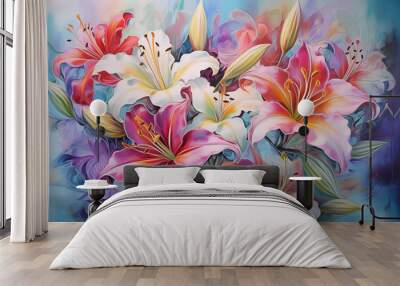 Painted on Canvas Vibrant Abstract Floral Flowers and Leaves Artwork Colorful Background Wall mural