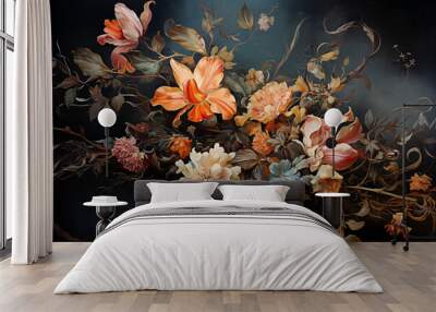 Wallpaper Elegant Floral Composition in Vintage Style on Dark Background, Flowers and Leaves Wall mural