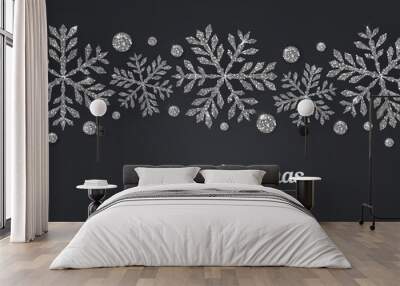 Vector Merry Christmas Happy New Year greeting card design with silver snowflake decoration for holiday season. Wall mural