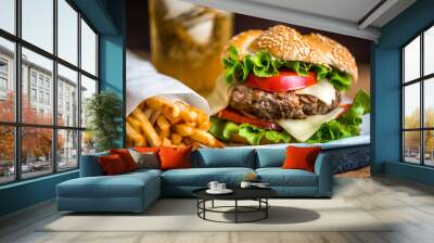 Homemade Hamburger with Fresh Vegetables and Drink with Ice Wall mural