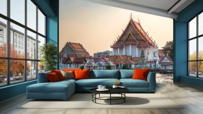 Wat Kanlayanamit in Bangkok, Thailand as Seen from the Boat Cruising the Chao Phraya River Wall mural