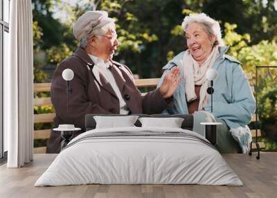 Senior women, together and bonding in community as pensioners for activity, talking and relax. People, elderly care and friends for outdoor, garden or backyard in nursing village or retirement home Wall mural