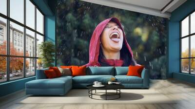 Drinking, water and woman in rain, outdoor and carefree in winter, holiday and raincoat for weather. Park, girl and happy to taste with mouth, raindrops and vacation in Washington for nature Wall mural