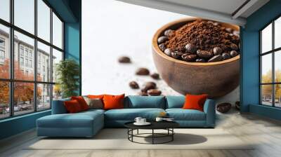 Coffee Beans and Ground Coffee in Wooden Bowl Wall mural