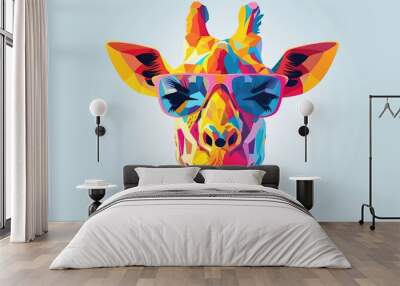 Portrait of a colorful giraffe with sunglasses on white background. Cartoon 3d illustrations. Wall mural