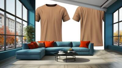 Set of brown t-shirt isolated on white background. Front and back view. 3d rendering Wall mural