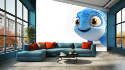 Smiling Blue Fish Cartoon Character Wall mural