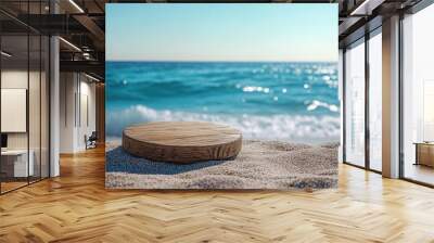 Wooden Platform on a Sandy Beach with Ocean in the Background. 3d Podium With Copy Space For Product Display Presentation. Generate Ai Image Wall mural