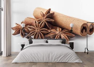 Cinnamon Sticks, Star Anise, and Cloves on a White Background Wall mural