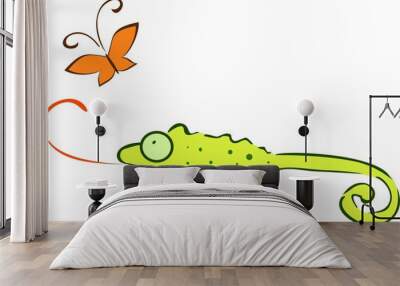 Green chameleon and orange butterfly Wall mural