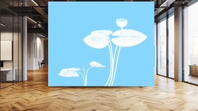 White silhouette of water-lily plant with leaves and flower on blue background Wall mural