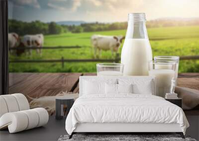 bottle of milk with glasses of milk on a wooden background with grazing cows in the background Wall mural