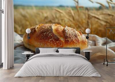 fresh rustic bread on a linen napkin against the background of a wheat field Wall mural