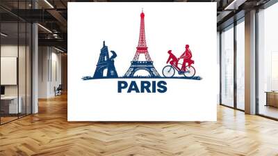 Paris vector pattern french culture eiffel tower and triumphal illustration europe tourism city traveling in France backdrop parisian cheese croissant background.
 Wall mural