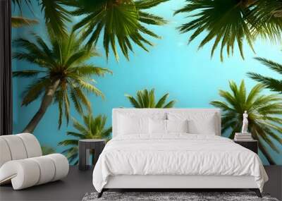 Tall royal palm trees looking up from below against bright blue tropical sky, summer background, vintage style, travel concept
 Wall mural