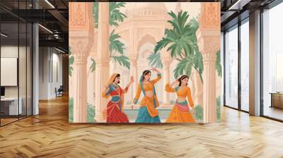 Vector illustration for wedding wallpaper, Mughal mural art women dancing in garden arch Wall mural