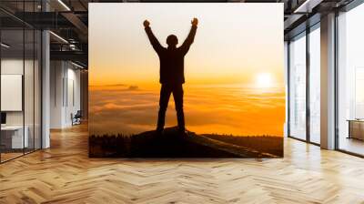 Silhouette of success and serenity young man standing on a rock in the mountains at sunset.  Wall mural