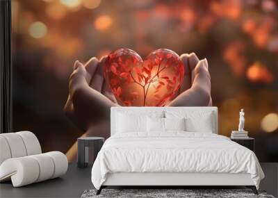 A pair of hands holds a heart-shaped object with intricate details, symbolizing love and connection in a serene environment. Wall mural