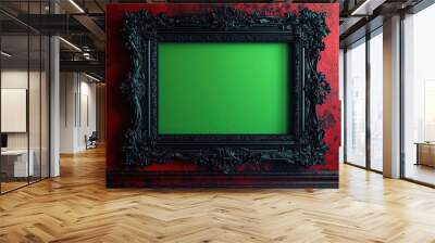 Isolated on white background Illustration style of a luxurious ornate gold frame on a wall with a green screen inside, more clarity with clear light and sharp focus, super detailed Wall mural