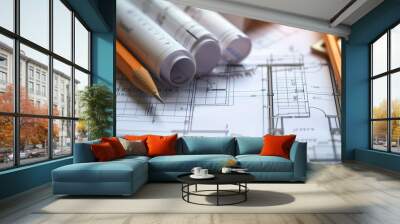 Architect drawing building floor plan, design blueprint map and engineer drafting structure on table paper. Real estate development work office construction and industrial wall safety ruler Wall mural