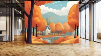 A white house sits beside a stream surrounded by Autumn colors Wall mural